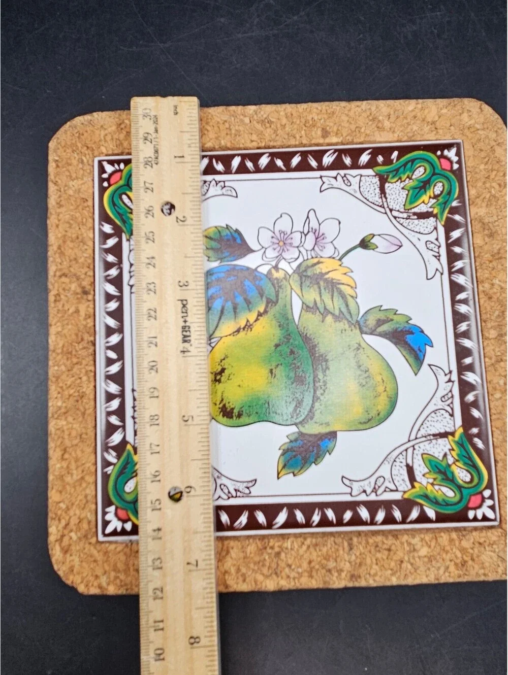 Vintage Pear Ceramic Tile Trivet Cork Backed Regent Products 8x8